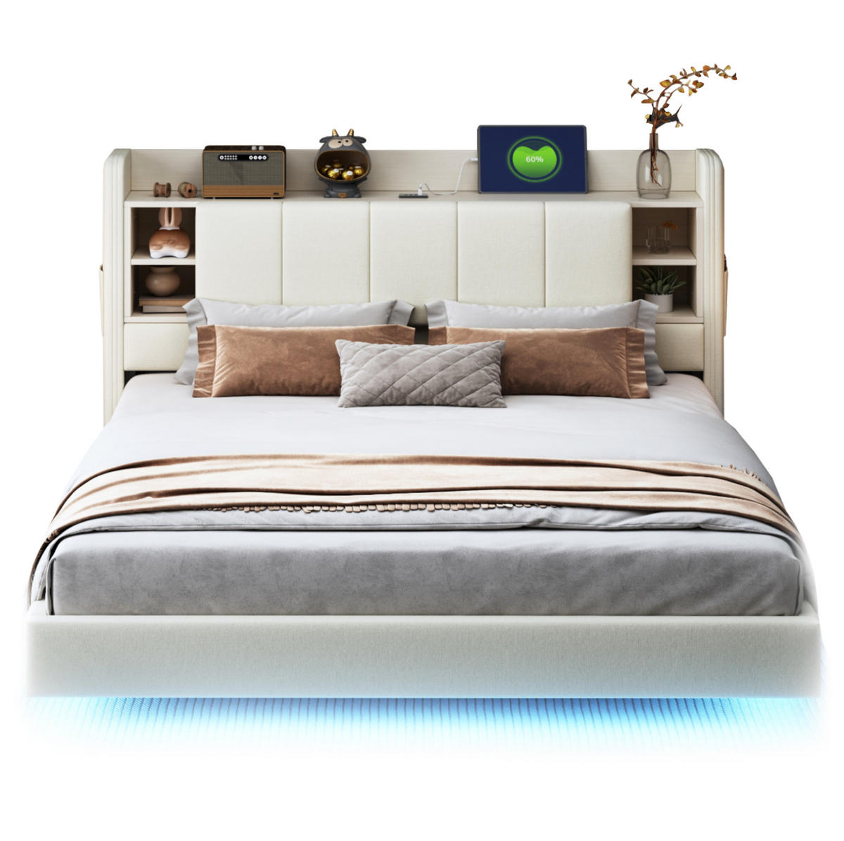 ČALÚNENÁ posteľ z preglejky, MDF a ľanovej tkaniny 160x200 cm béžová s LED osvetlením, USB a úložným čelom - béžová, textil (160/200cm) - Modfu