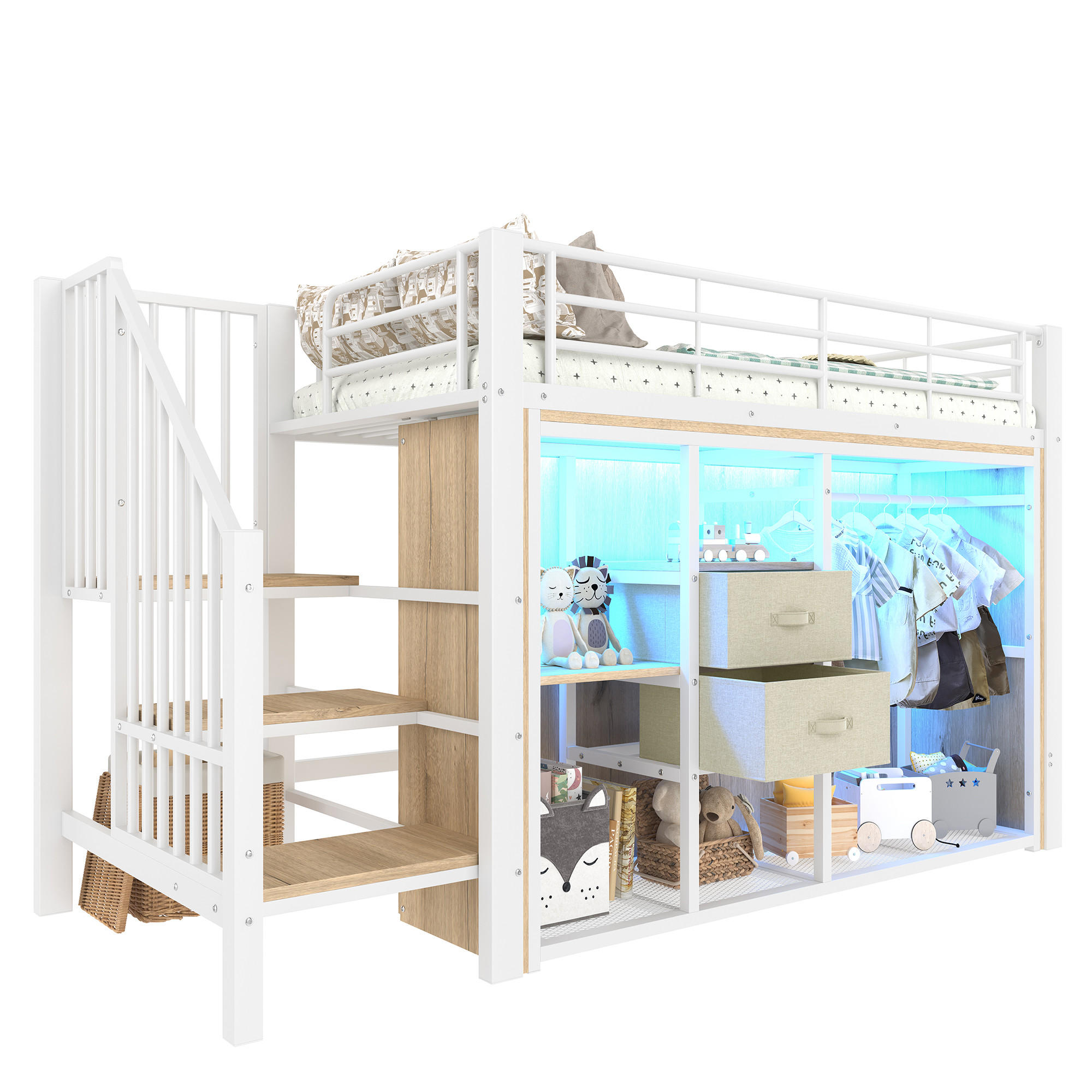 STILVORA HOCHBETT 90/200 cm in Weiß mit 2 Schubladen, offenem Kleiderschrank und LED
