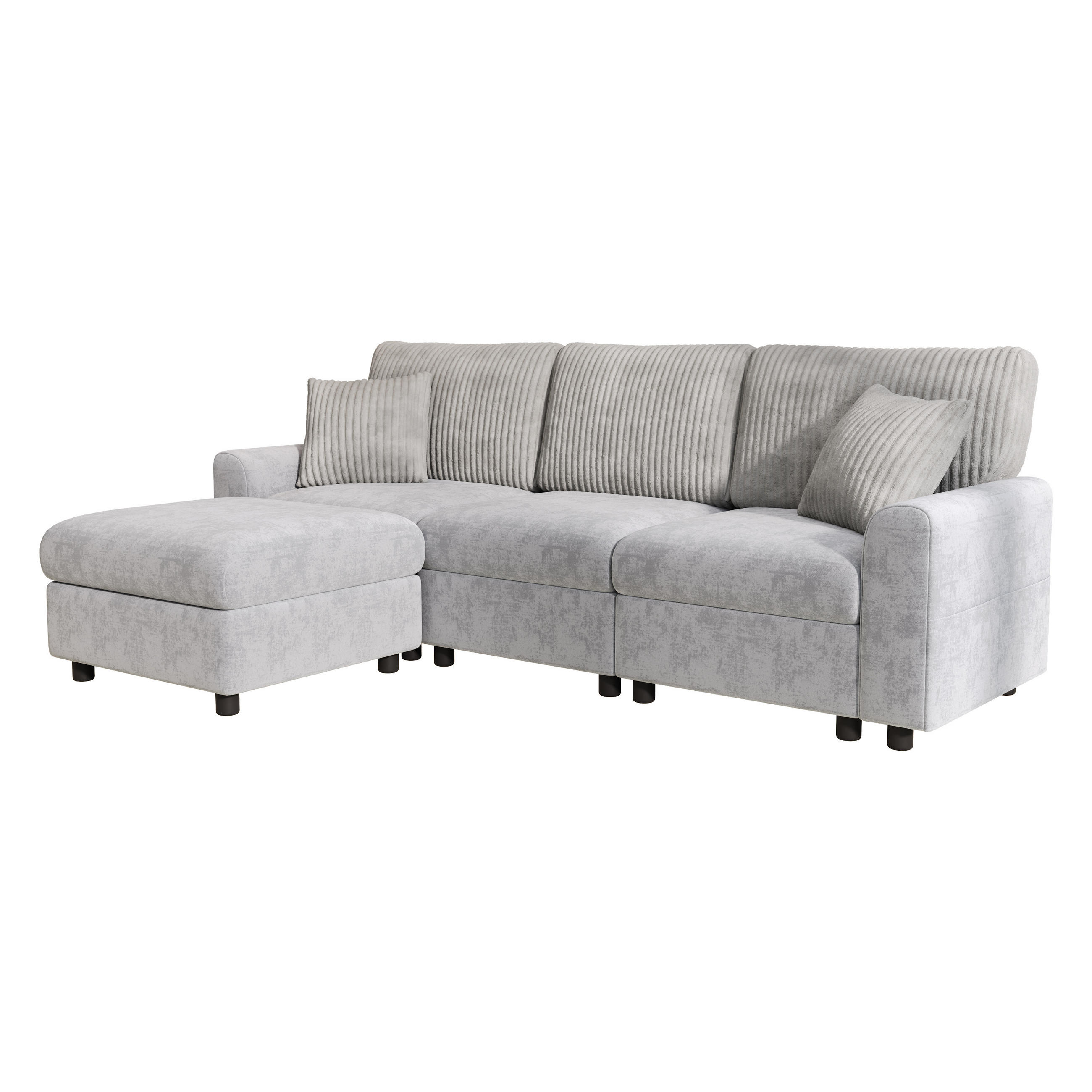 ECKSOFA Chenille und Cord Grau mit Hocker, USB und Type-C - Grau, Holzwerkstoff/Kunststoff (223/146cm) - WISHDOR