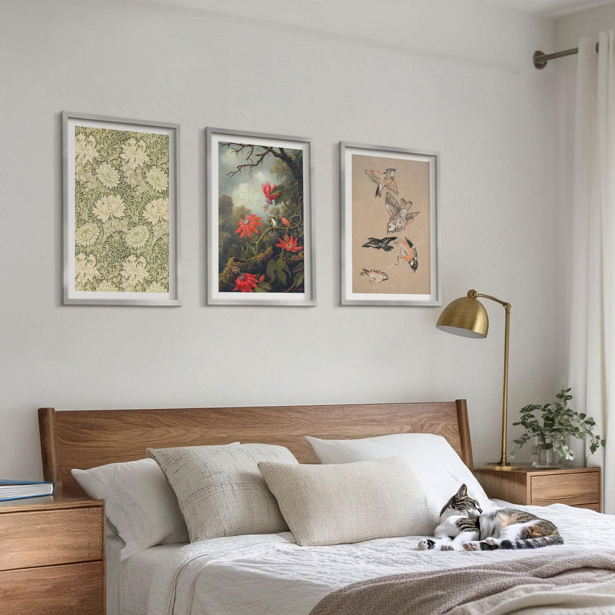 WANDBILDER 3er Set - 40x60 cm Silberner Rahmen - Blumen, Vögel, Natur - Silberfarben, Kunststoff (40/60cm) - ArtPrintCave