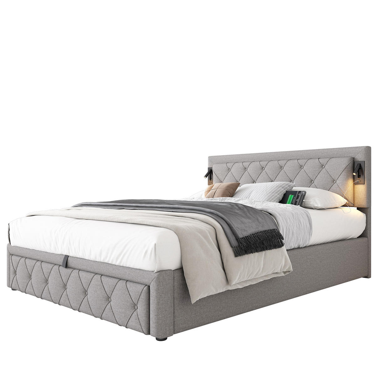 POLSTERBETT 160/200 cm Grau mit Downlight und USB-Schnittstellen - Grau, Textil (160/200cm) - OKWISH