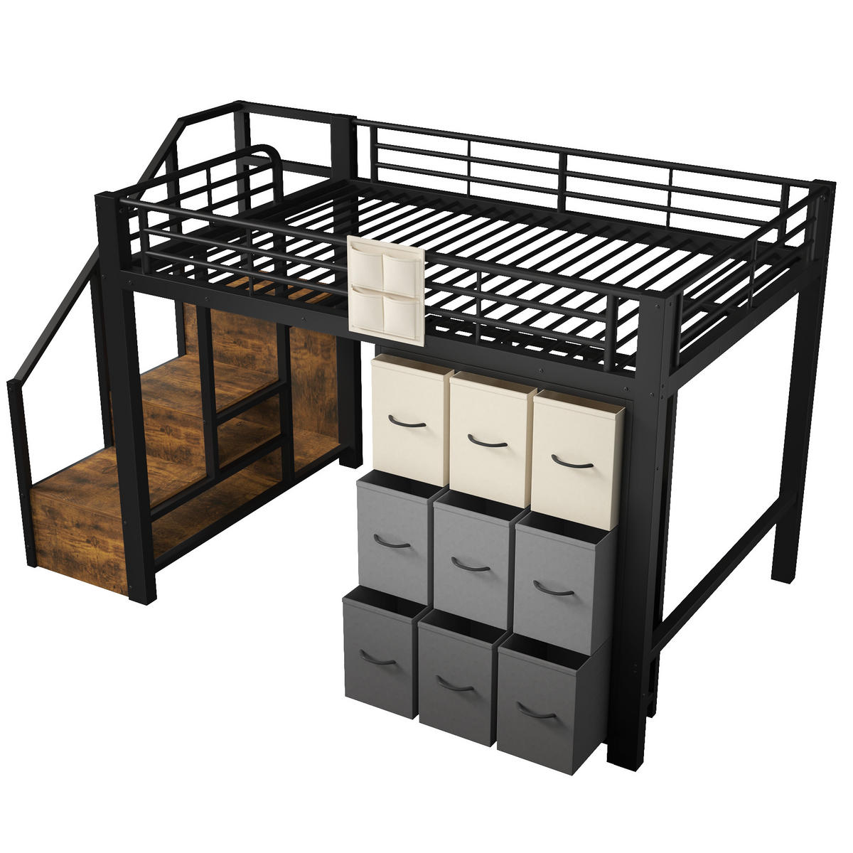 HOCHBETT 140/200 cm mit Schubladen, Kleiderstange, Stauraumtreppe und Geländer, aus Metall und MDF, Schwarz/Weiß - Schwarz, Holzwerkstoff (140/200cm) - Redom