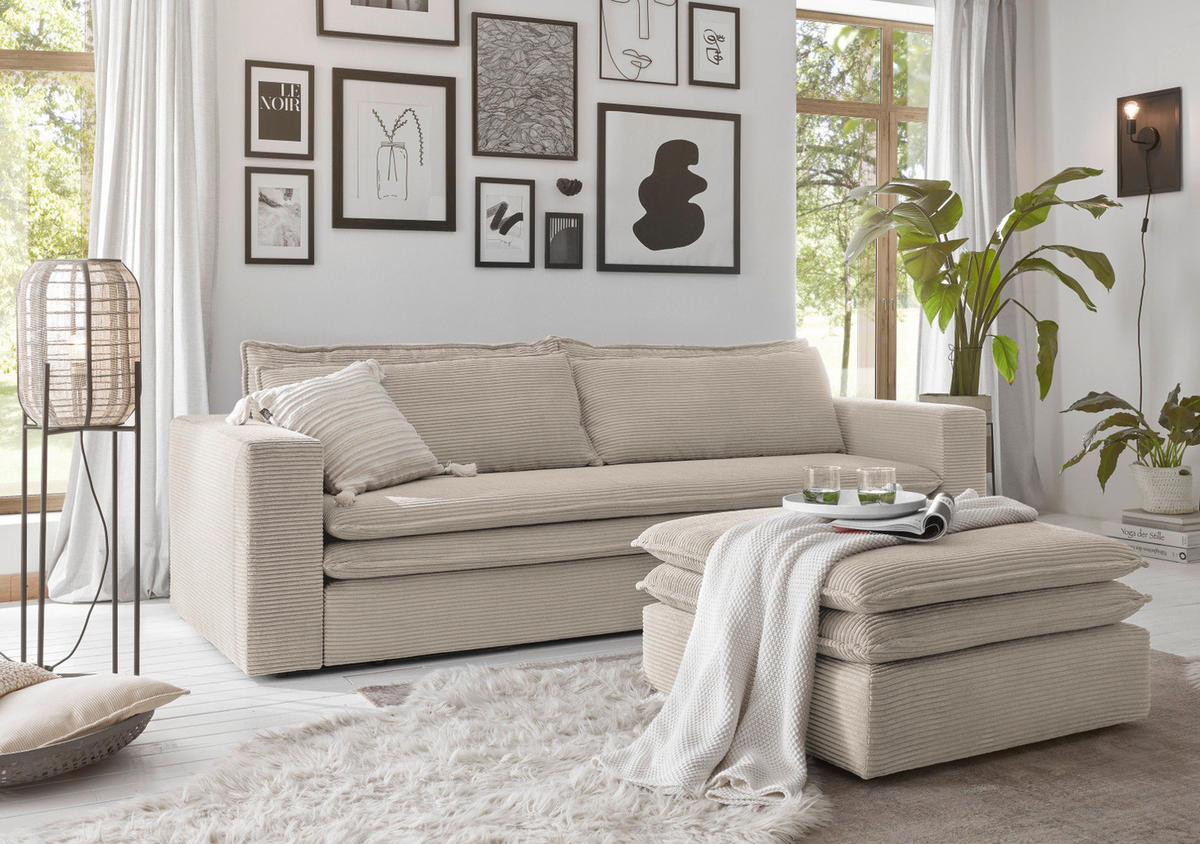 SOFA-SET beige Cord, Couch 3-Sitzer mit Bettfunktion inklusive Hocker - Beige, Holz/Textil (244/83/176cm) - Furn.Design