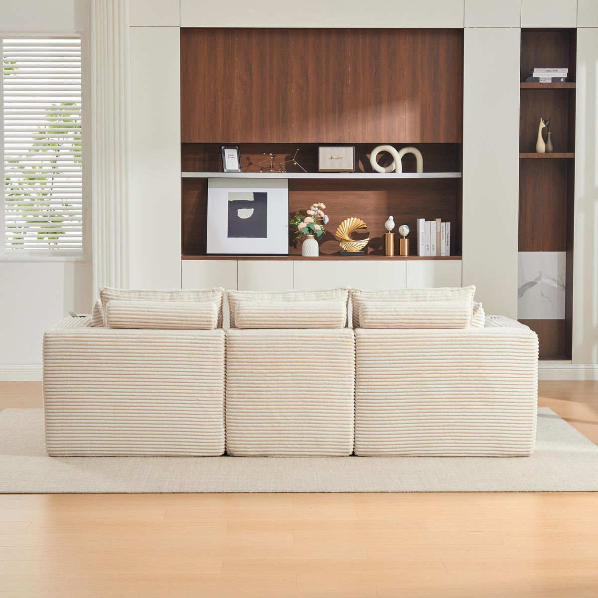 ECKSOFA mit Fußhocker, Getränkehalter und Federkern aus Cord - Beige, Textil (256/161cm) - EVRYAE