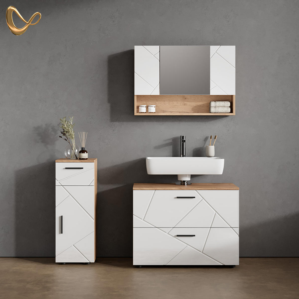 BADMÖBEL-SET Ronco Weiß Hochglanz/Goldkraft Eiche 3 Teile, mit Schubladenschrank und Midischrank - Weiß Hochglanz/Eiche Wotan, Holzwerkstoff (80/58/41cm) - Livinity®