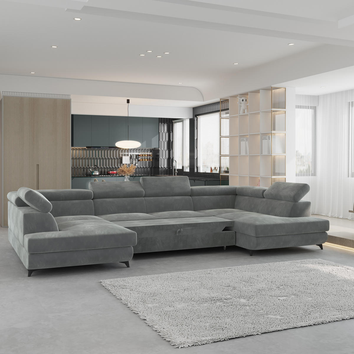 WOHNLANDSCHAFT VINTESSA Grau Velours-Stoff mit Schlaffunktion - Grau, Holz (323/89/190cm) - MASSENO