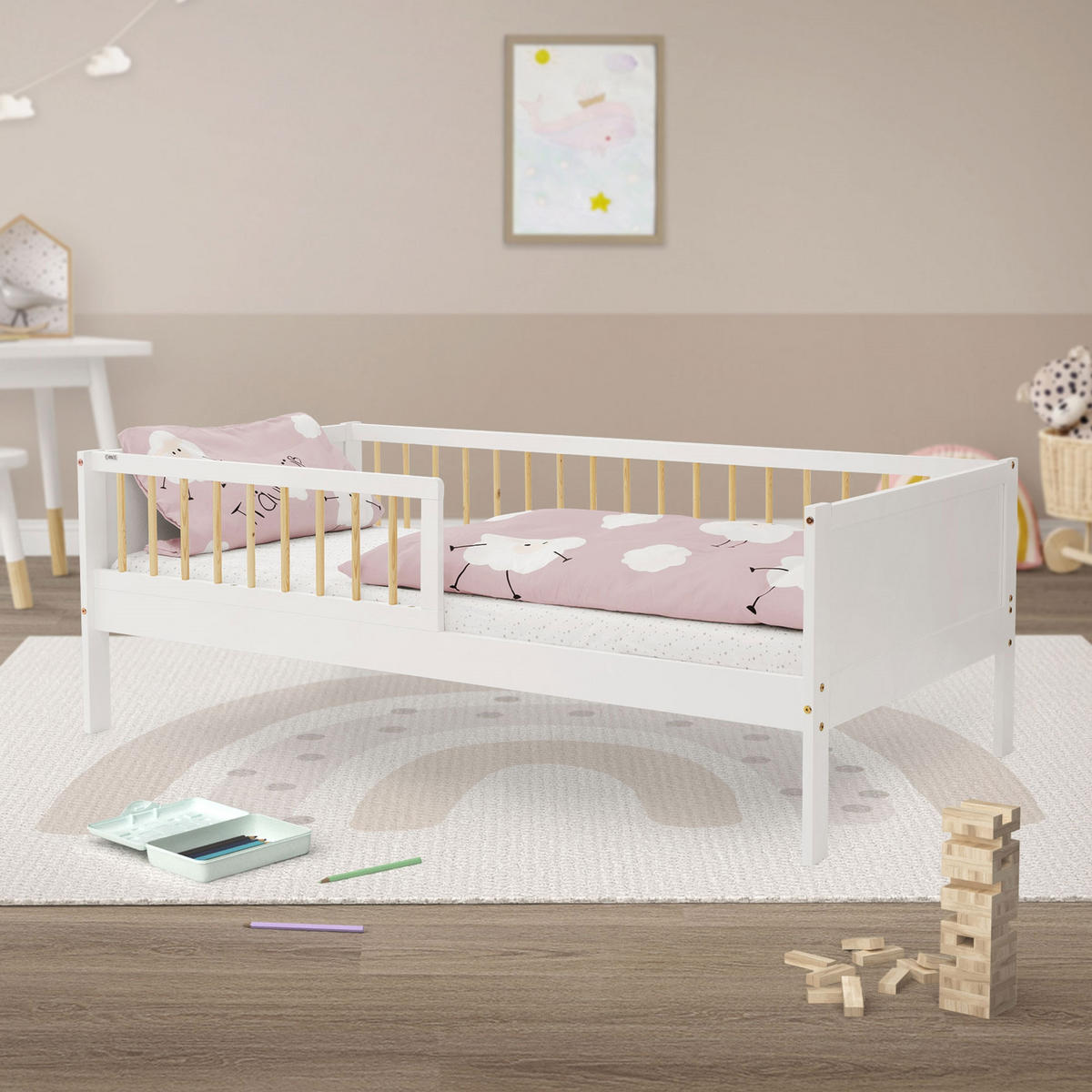 KINDERBETT 80x160 cm Weiß/Natur - Multicolor, Holzwerkstoff - ML-DESIGN