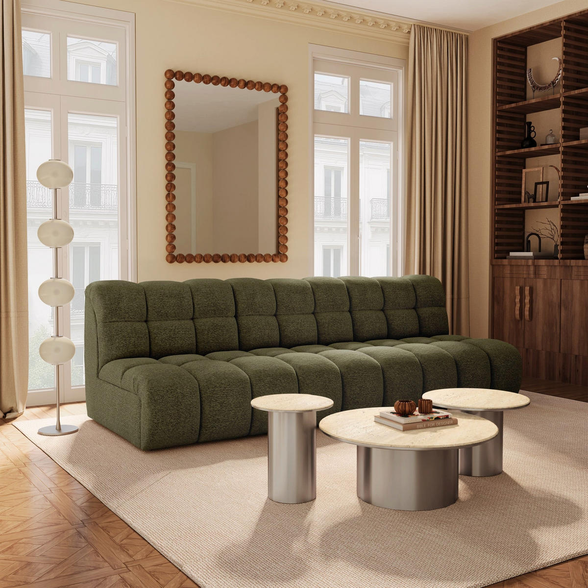 SOFA SEVEN Bouclé-Stoff Olivgrün 243cm - Olivgrün/Grün, Textil (243/77/98cm) - Premium Interiors