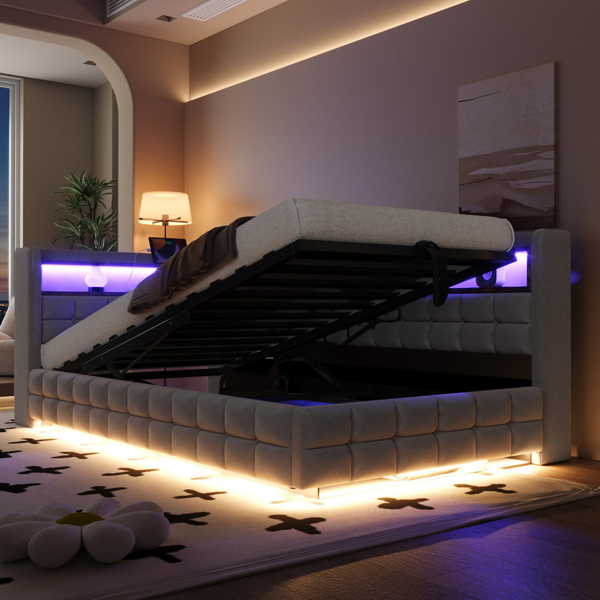 SCHLAFSOFA aus Samtstoff 90x200 cm Hellgrau mit Stauraum, LED-Beleuchtung und Ladeanschlüssen - Hellgrau, Textil (90/200cm) - IVMEU