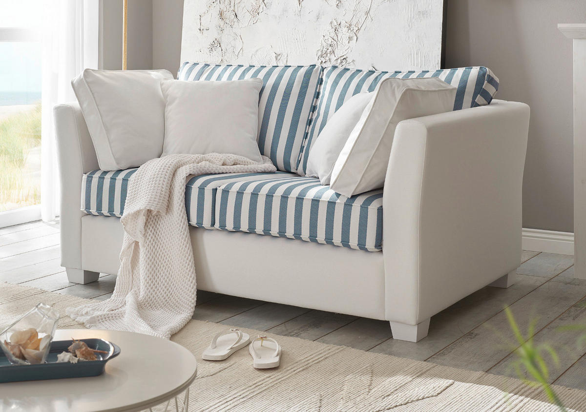 SOFA 2-Sitzer creme blau gestreift, Landhaus 160 cm, Couch inklusive 4 Kissen - Blau/Creme, Holz/Textil (160/88/96cm) - Furn.Design