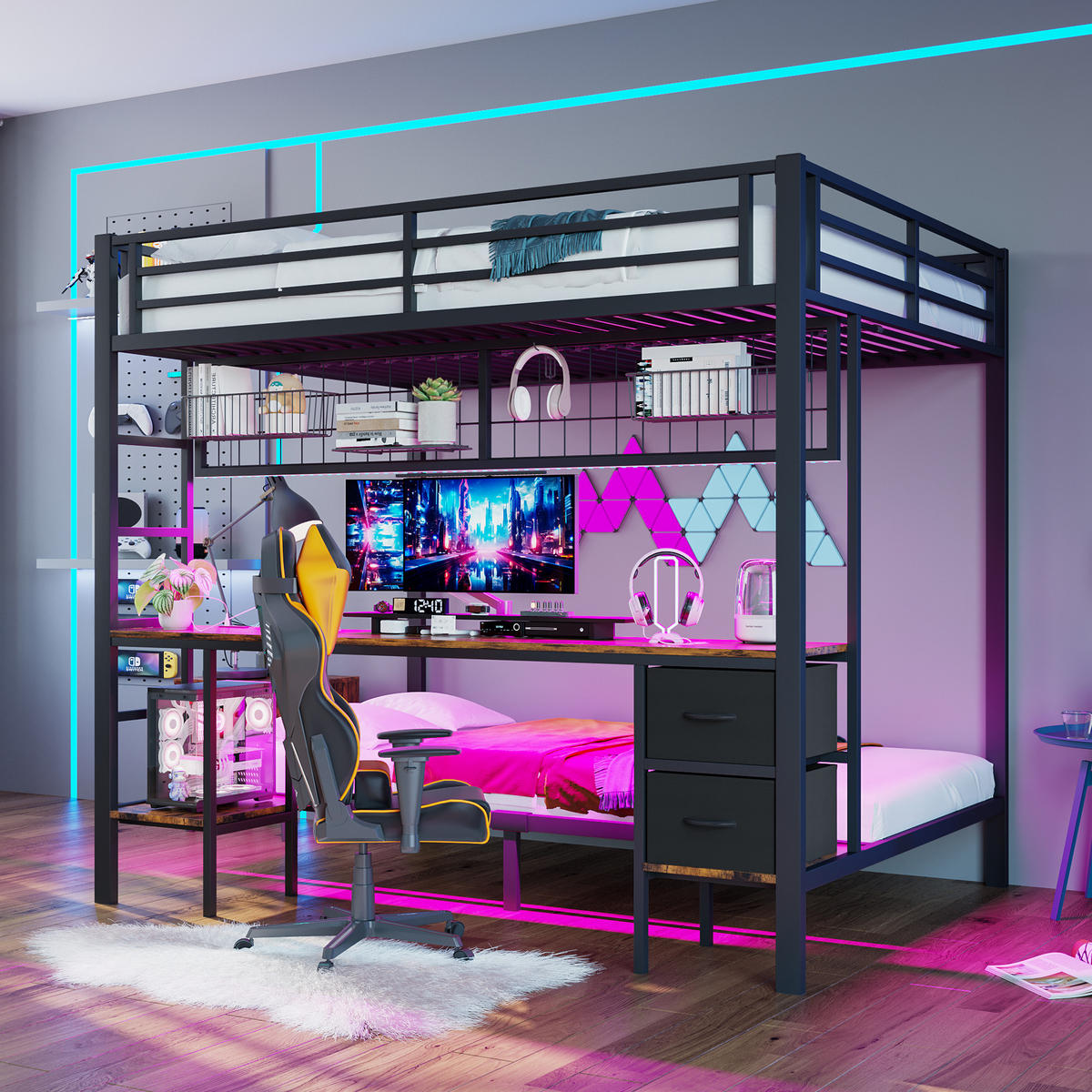 HOCHBETT 90x200cm + 140x200cm Schwarz Metall Schubladen Schreibtisch LED - Schwarz, Metall (140/200cm) - FLIEKS