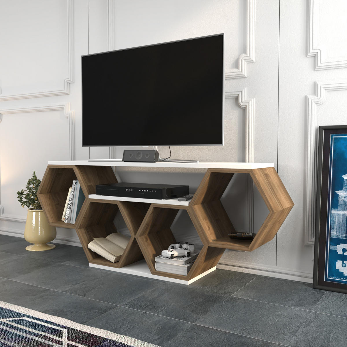 TV-ELEMENT Honig Weiß Walnuss - Walnussfarben/Weiß, Holzwerkstoff (140/55.5/29.6cm) - Decorotika