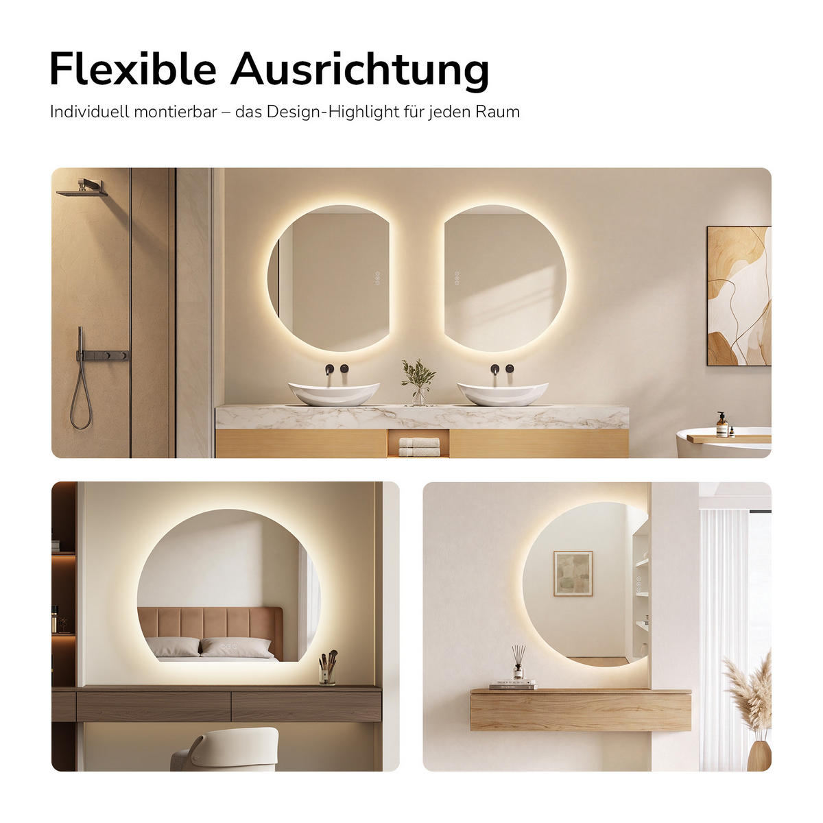 BADSPIEGEL LED 100 x 83 cm mit 3 Lichtfarben, Antibeschlagfunktion und Touch-Schalter - Transparent, Glas (100/83/2.5cm) - EMKE