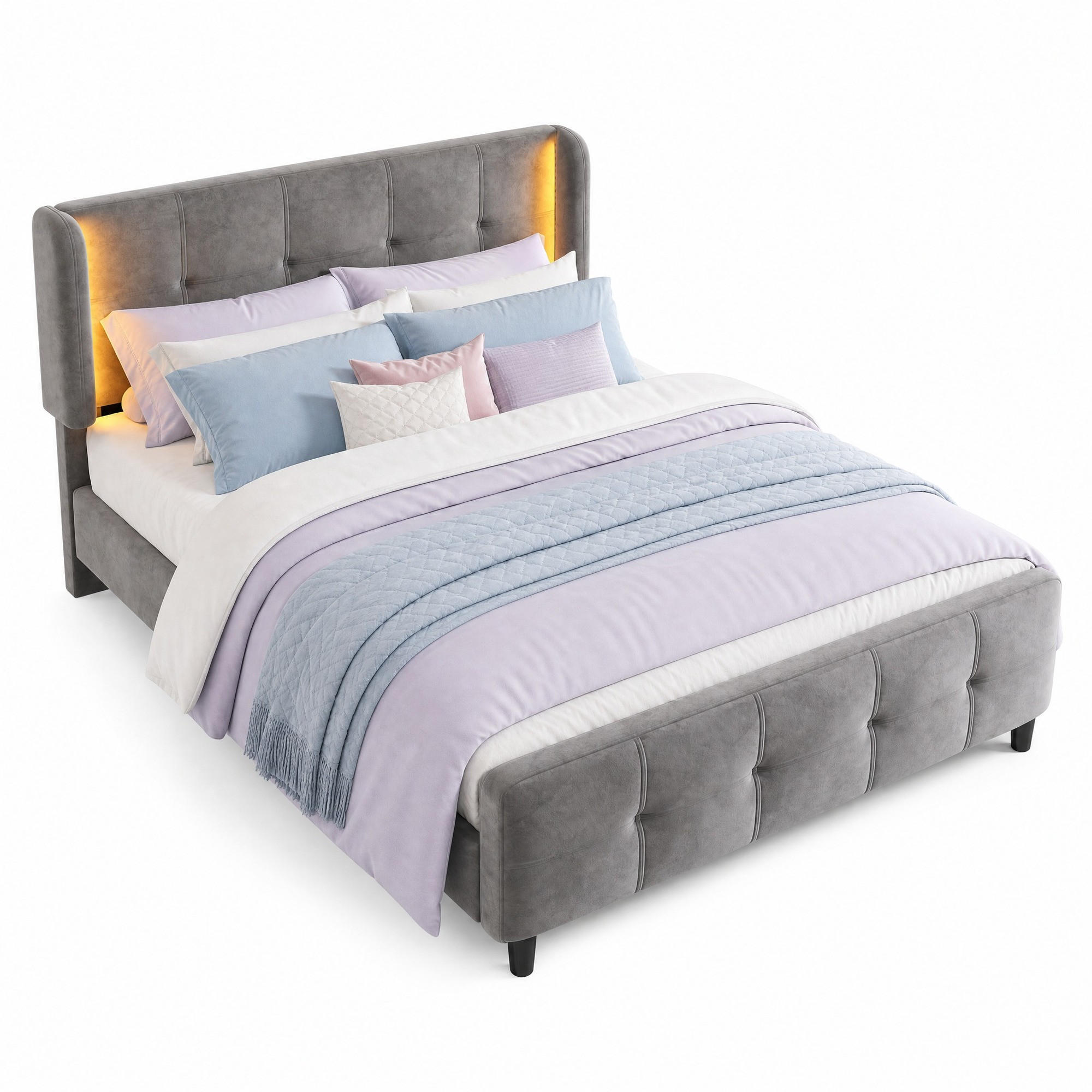 ČALOUNĚNÁ POSTEL 140/200 cm v šedé barvě ze sametu s LED osvětlením - šedá, kov/kompozitní dřevo (140/200cm) - CHICFURN