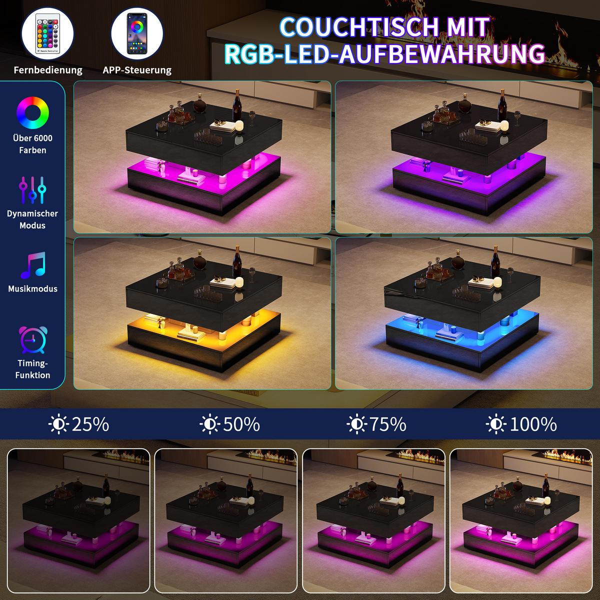 LED-COUCHTISCH Hochglanz Schwarz mit Stauraum & RGB-Beleuchtung - Schwarz, Holz (78/78/43cm) - SHOPENTRA