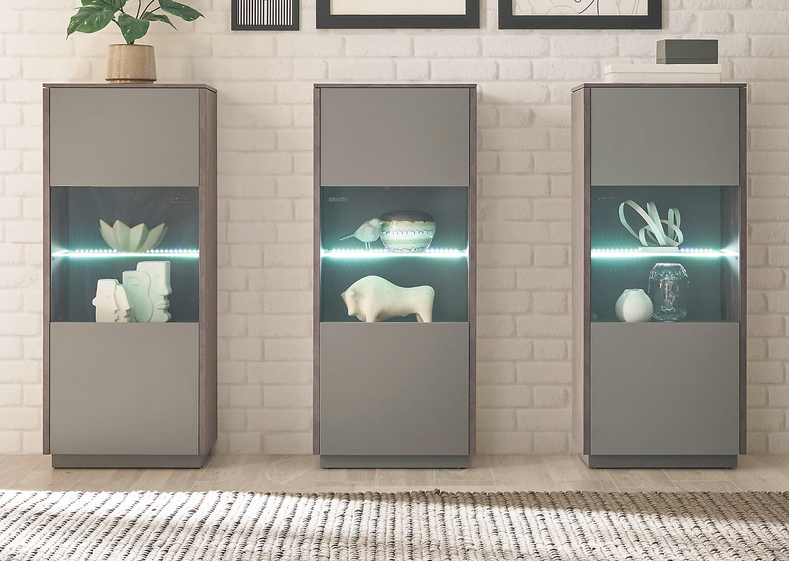 SCHRANK-SET 3-teilig Thermo Eiche, grau, Wohnkombination mit 3 x Vitrine - Eichefarben/Grau, Glas/Holzwerkstoff (205/130/40cm) - Furn.Design