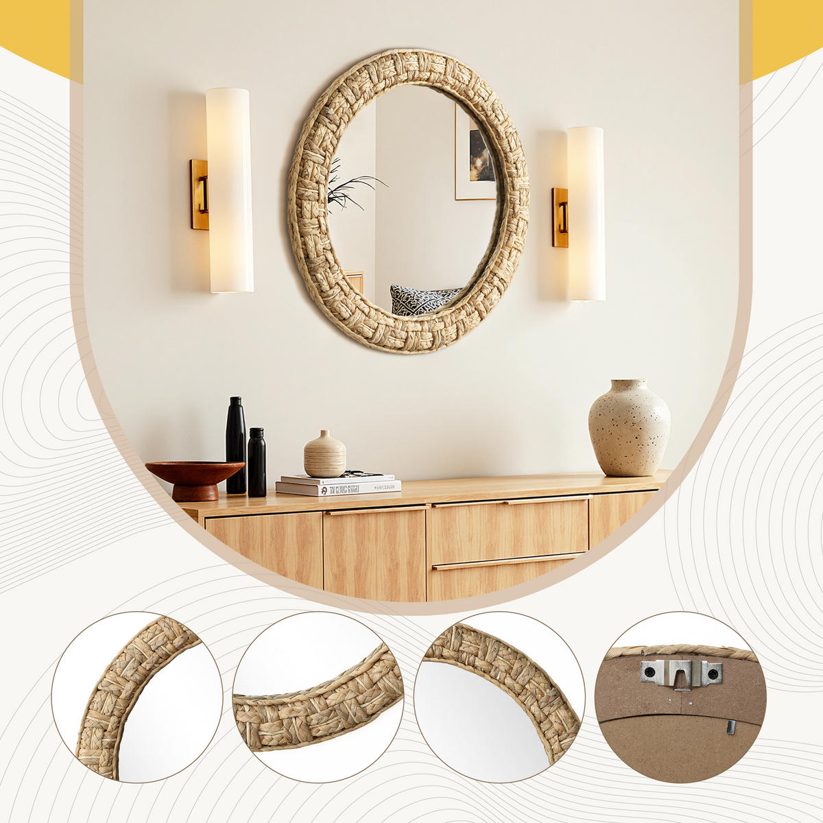 52CM H Runder Wandspiegel mit Rahmen aus geflochtener Wasserhyazinthe Geeignet für Badezimmer, Wohnzimmer und Schlafzimmer - Hellbraun/Beige, Glas/Holz (52/3.5/52cm) - Hometopia