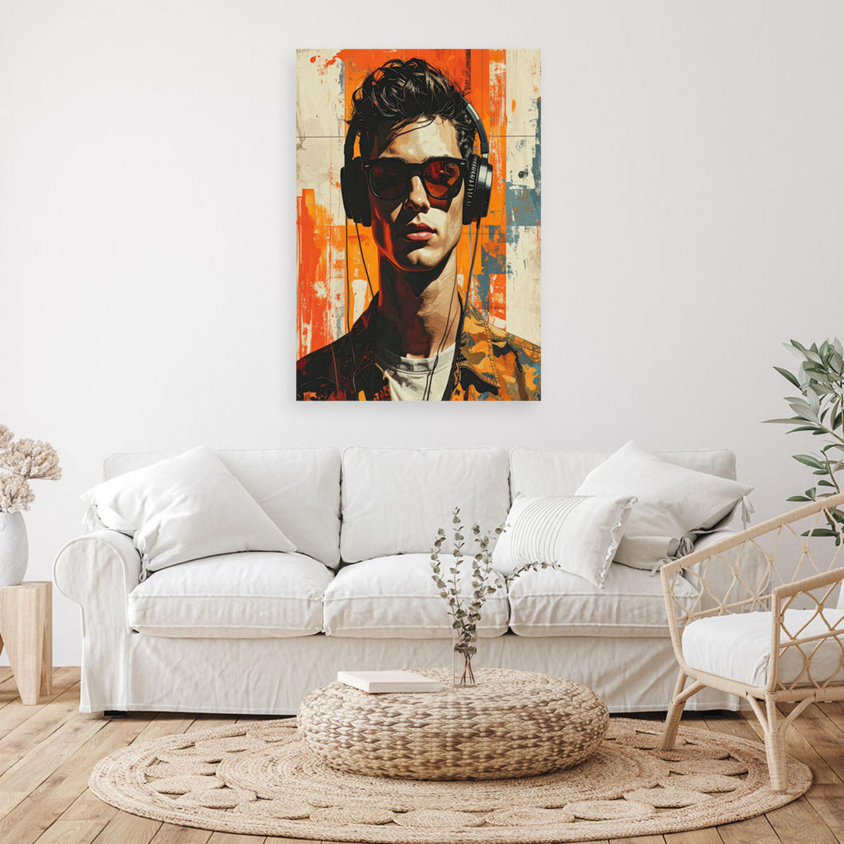 BILD auf Leinwand, Männliches Porträt mit Brille und orangefarbenen Akzenten - Orange, Textil (20/30cm) - Feeby