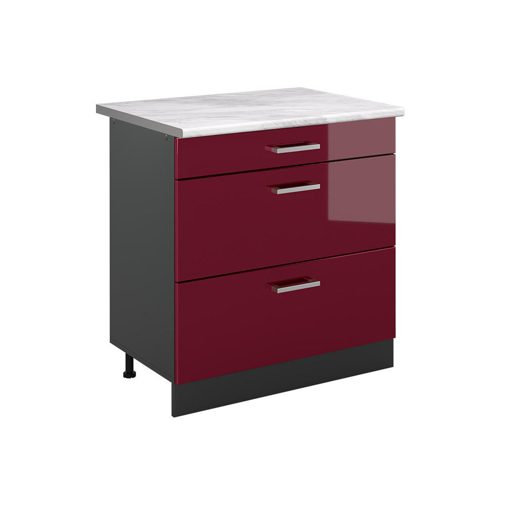 KÜCHENUNTERSCHRANK R-Line, Rot Hochglanz/Anthrazit, 80 cm mit 3 Schubladen Arbeitsplatte Marmor - Anthrazit/Rot, Holzwerkstoff (80/81.6/60cm) - Vicco