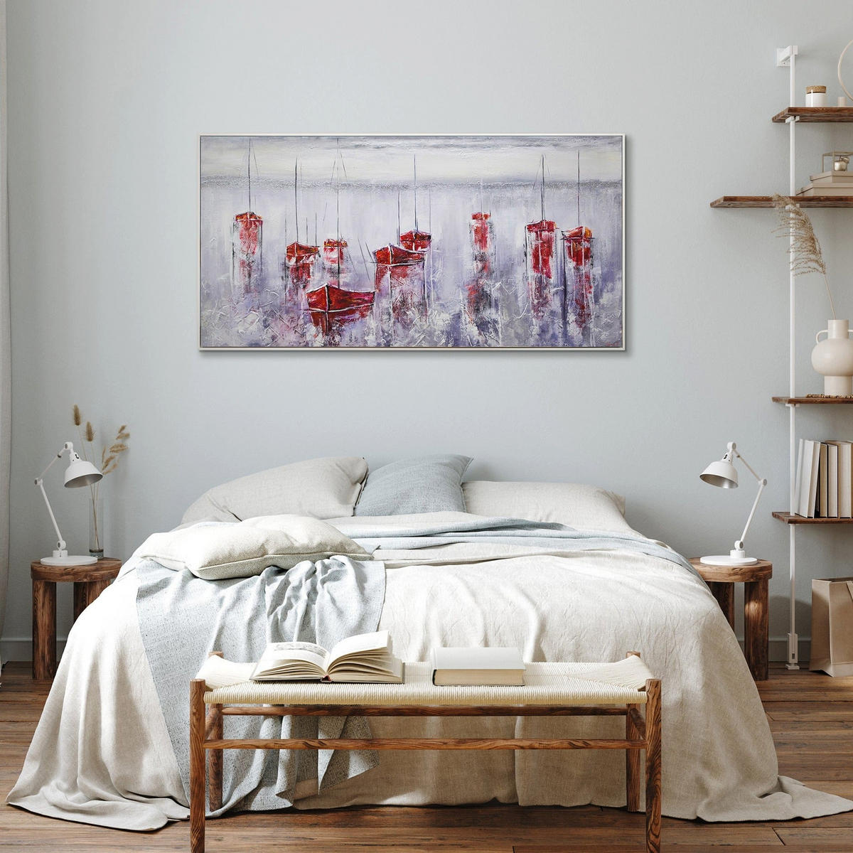 GEMÄLDE Stiller Hafen Schattenfugenrahmen Weiß 160x80 cm - Weiß, Holz (160/80cm) - YS-art gallery