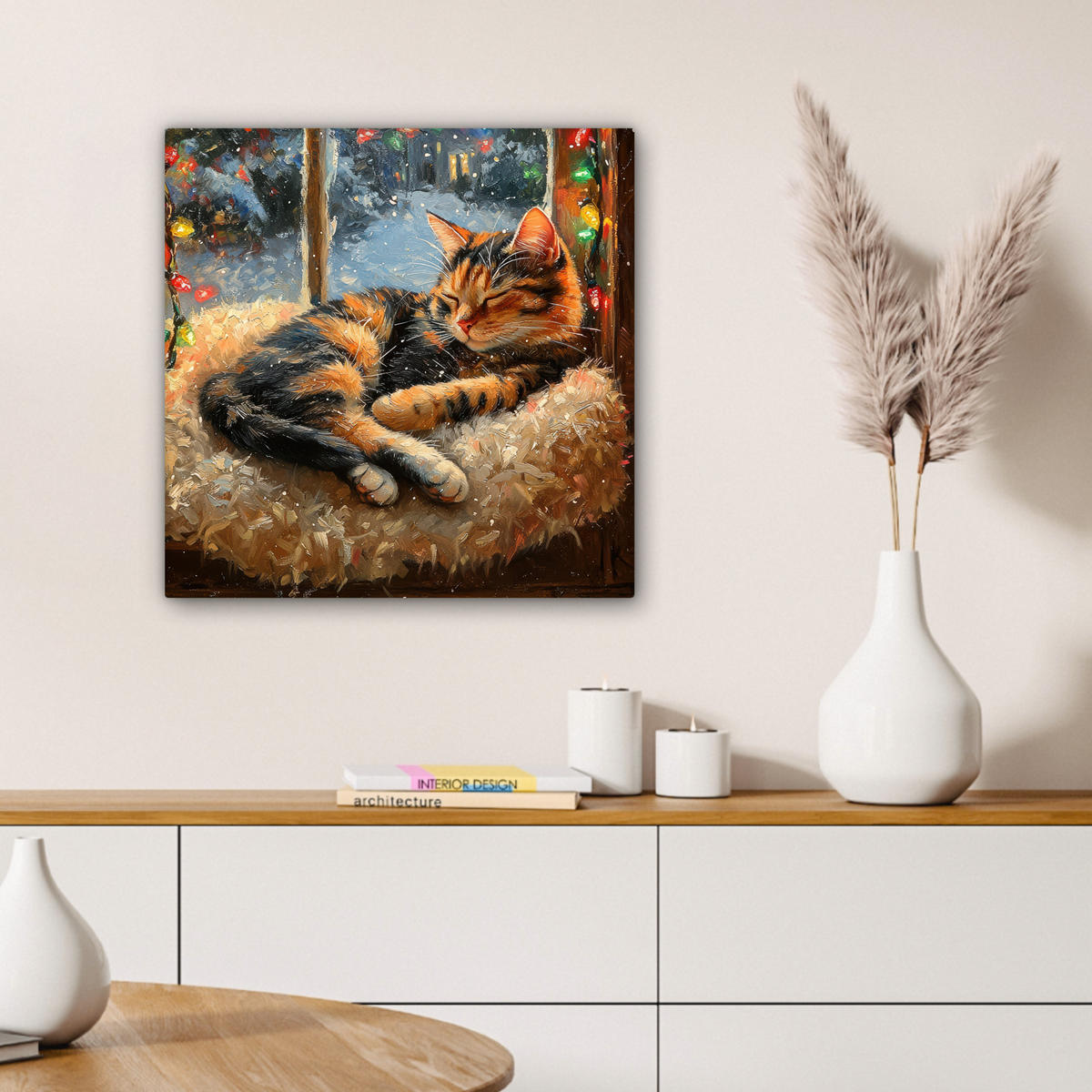 LEINWANDBILD Katze - Weihnachten - Winter - Tier 50x50 cm - Bernsteinfarben, Textil (50/50cm) - MuchoWow