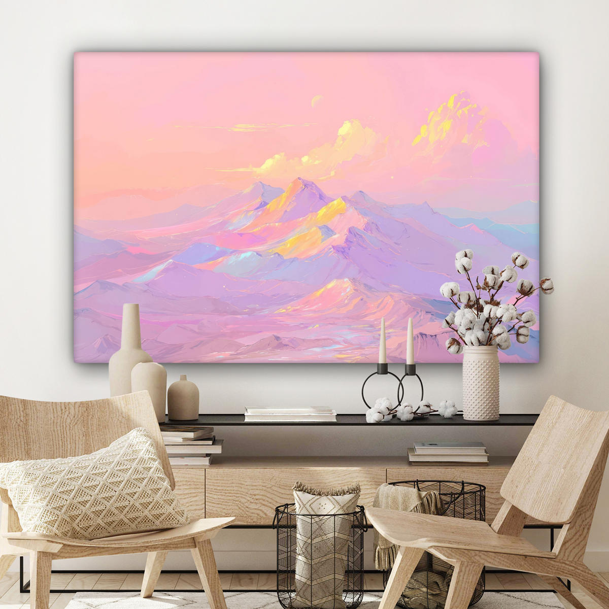 LEINWANDBILD Berggipfel - Wolken - Verträumt XXL 150x100 cm - Hellrosa, Textil (150/100cm) - MuchoWow