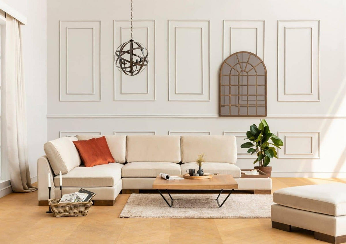 ECKSOFA mit Hocker und Lounge-Design - Beige/Walnussfarben, Holz/Textil (313/193cm) - myHomelando