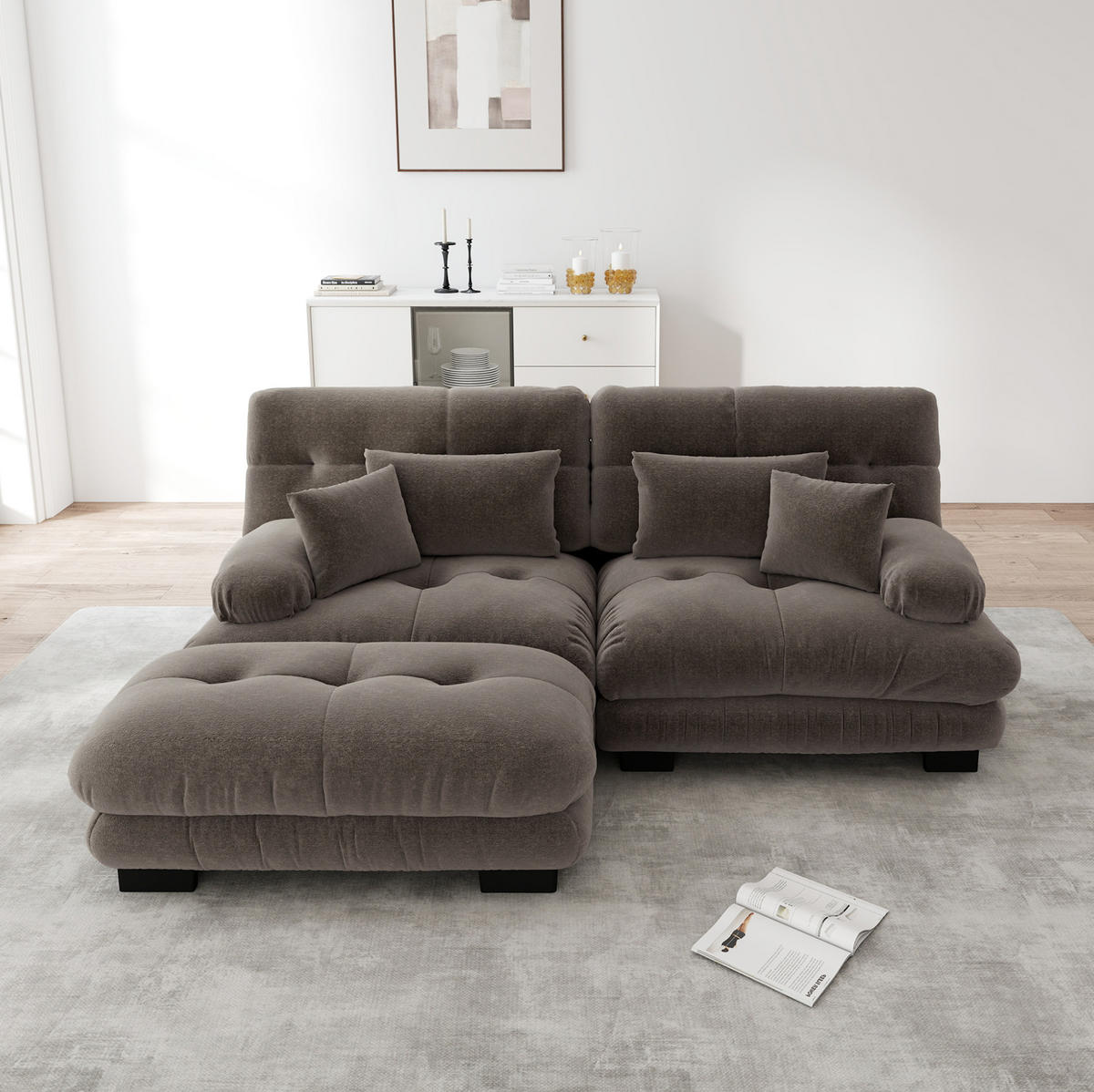 ROHOVÁ sedačka s taburetkami, ženilka, hnedá, 220/145 cm - hnedá, textil (145/220cm) - Flora Grace