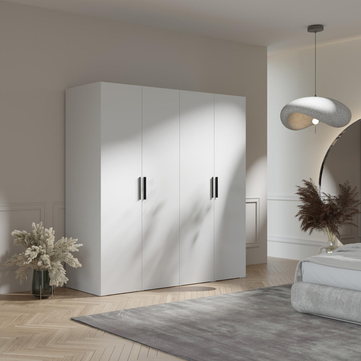 DREHTÜRENSCHRANK Napoli 4D 200 Weiß (schwarzer oder goldener Griff) - Silberfarben/Schwarz, Holzwerkstoff/Kunststoff (200/35/60cm) - mzm24