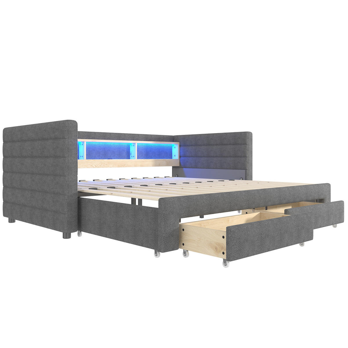 ROZKLADACIA posteľ 90/190 cm sivá zo zamatu a MDF s LED osvetlením portmi USB a typu C a zásuvkami - sivá, textil (90/190cm) - OKWISH