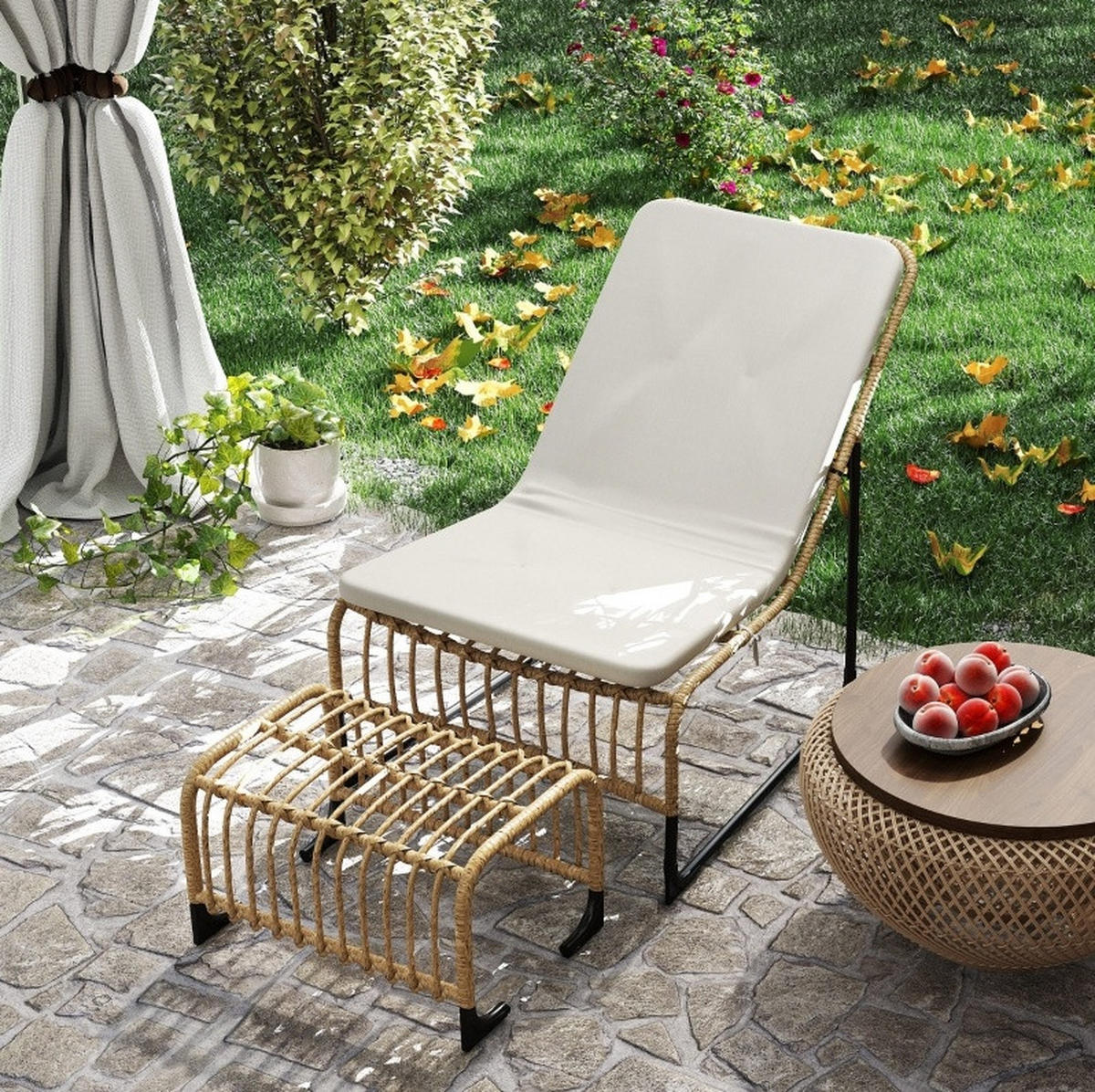 GARTENSESSEL-SET 65/93/80 cm mit Fußhocker, Kissen und UV-beständigem Rattan, Cremeweiß - Beige, Metall (65/80/96cm) - Redom