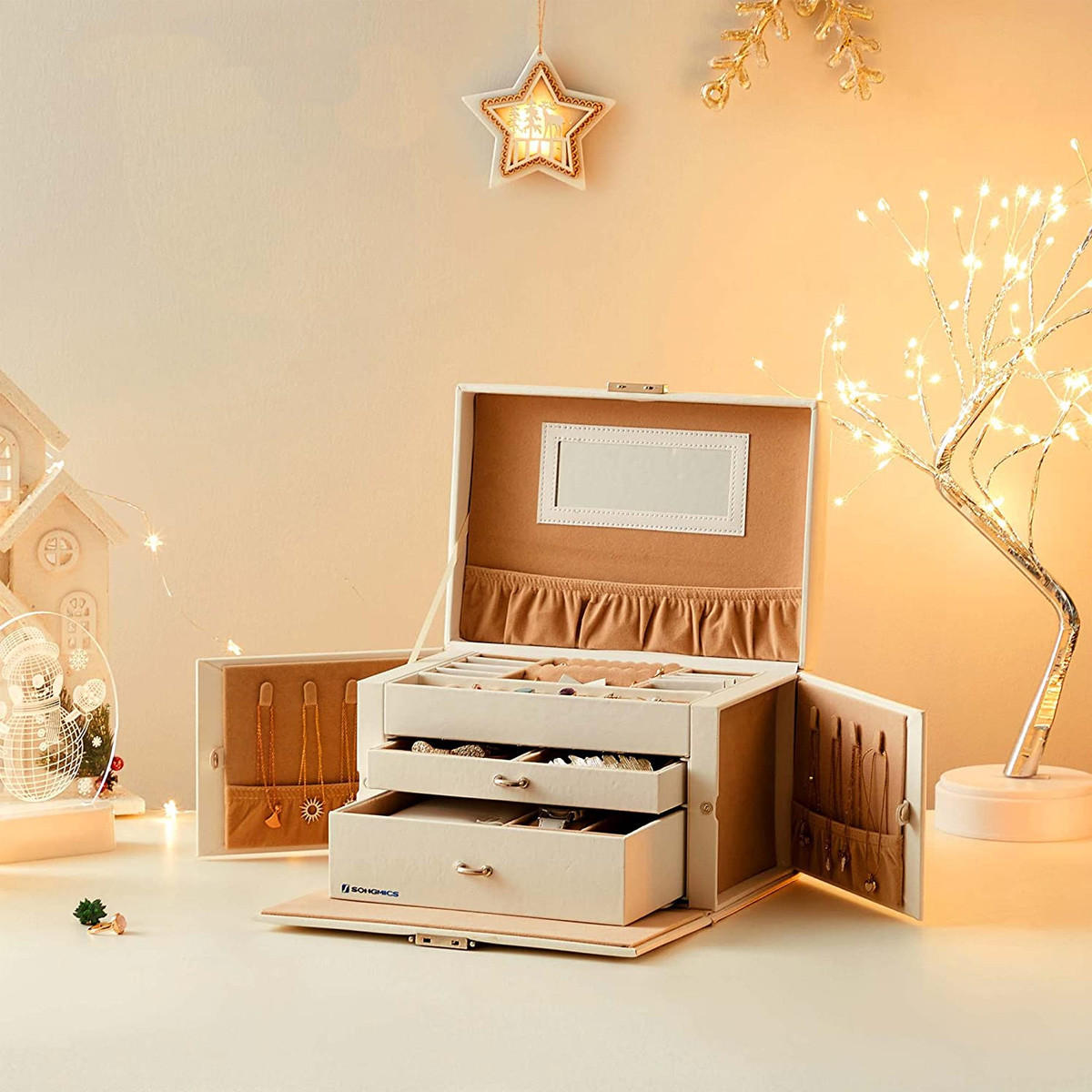 SCHMUCKKÄSTCHEN mit 2 Schubladen und Spiegel - Weiß - 26/18/17 cm - Weiß, Holzwerkstoff (18/17/26cm) - Calicosy