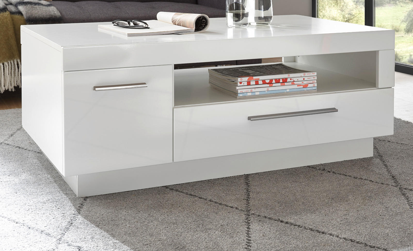 COUCHTISCH weiß Hochglanz 110 x 65 cm, Wohnzimmertisch mit Stauraum - Weiß Hochglanz/Silberfarben, Holz/Holzwerkstoff (110/65/44cm) - Furn.Design