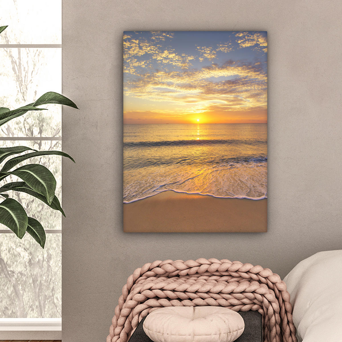 LEINWANDBILD Strand - Sonnenuntergang - Meer Wandbild Wohnzimmer 60x80 cm - Gelb, Textil (60/80cm) - MuchoWow