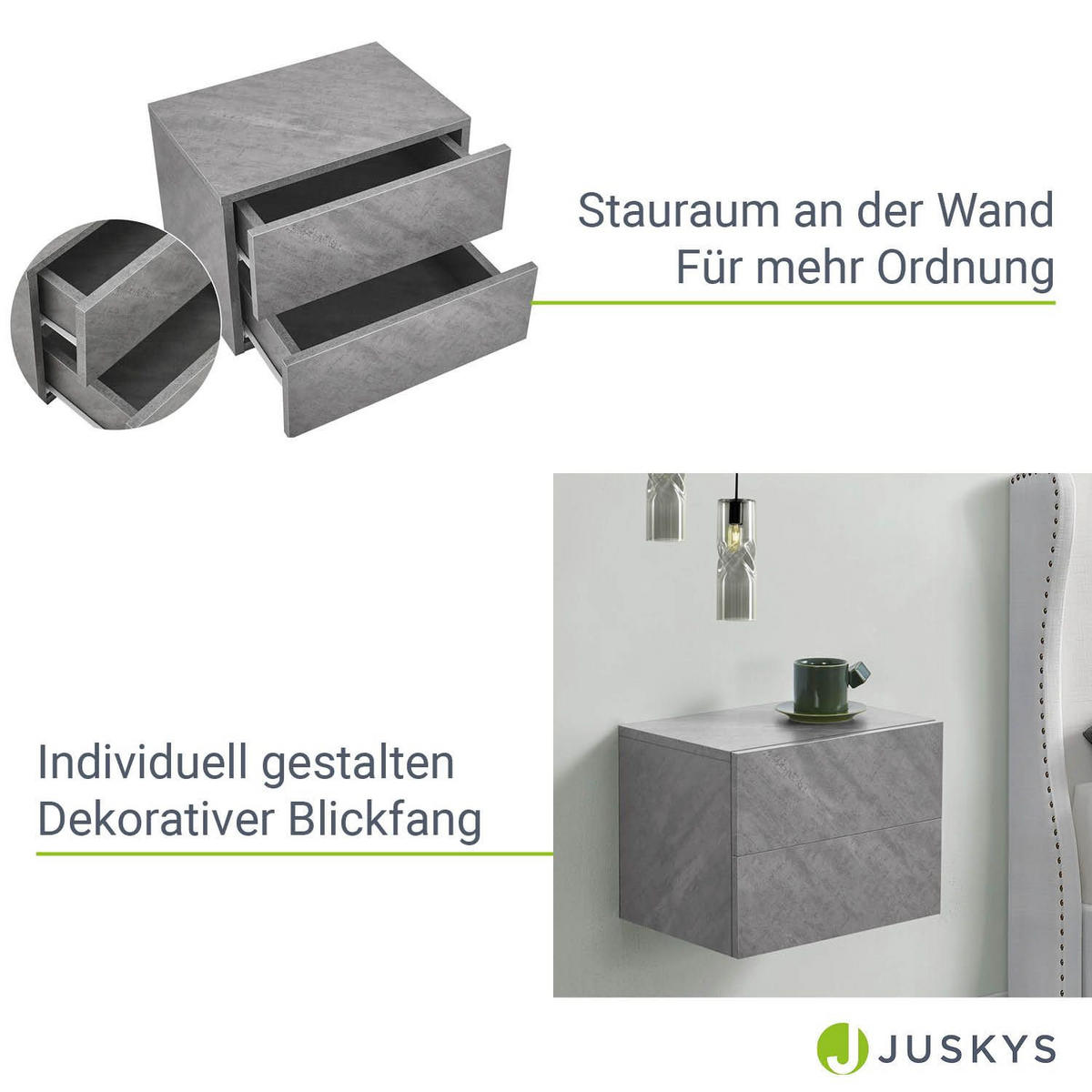 WANDSCHRANK Nachttisch mit 2 Schubladen Betonoptik 40x29x30 cm - Grau, Holz (40/30/29cm) - Juskys