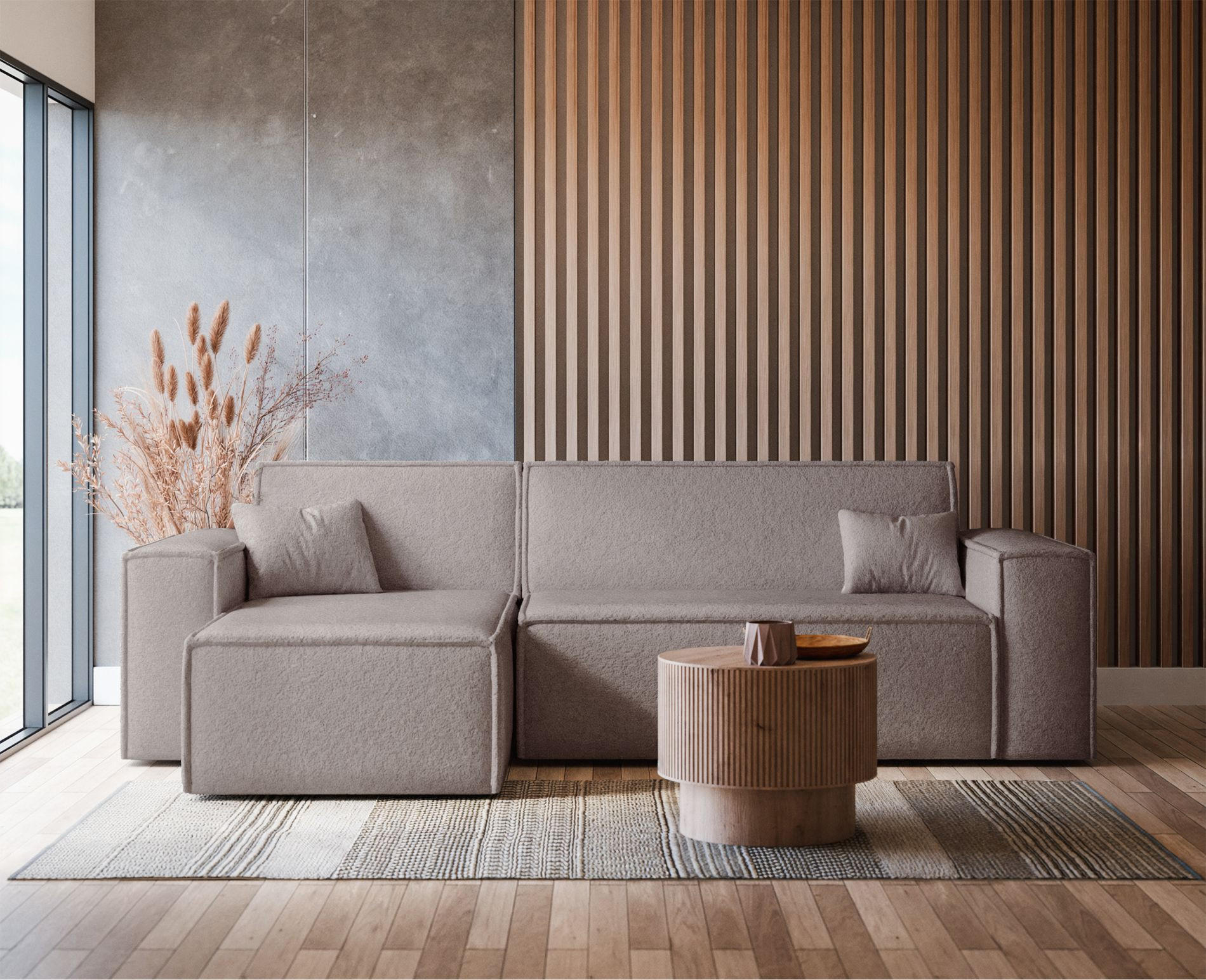 ECKSOFA Scarlo Hellbraun Bouclé-Bezug - Hellbraun/Schwarz, Kunststoff/Textil (244/145cm) - Selsey