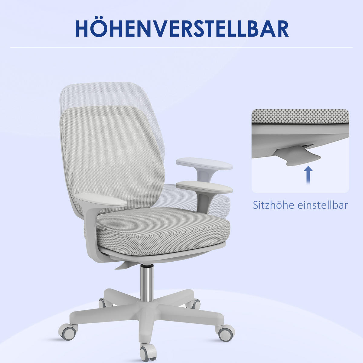 BÜROSTUHL, Ergonomisch Schreibtischstuhl mit Drehfunktion, Höhenverstellbar - Weiß/Grau, Kunststoff (48/94.5/55cm) - Vinsetto