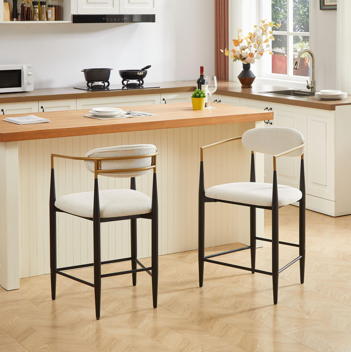 BARHOCKER 2er-Set Beige aus Stoff mit Armlehnen - Beige, Metall (56/23/109cm) - OKMYHOME