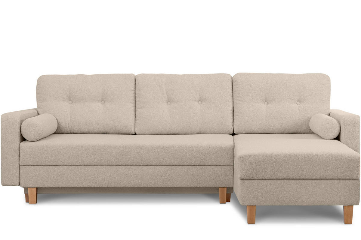 ECKSCHLAFSOFA ERISO 3/4 Sitzer und Universalecke mit Ottoman, Bouclé-Stoff, Creme - Creme/Braun, Textil (240/183cm) - KONSIMO®