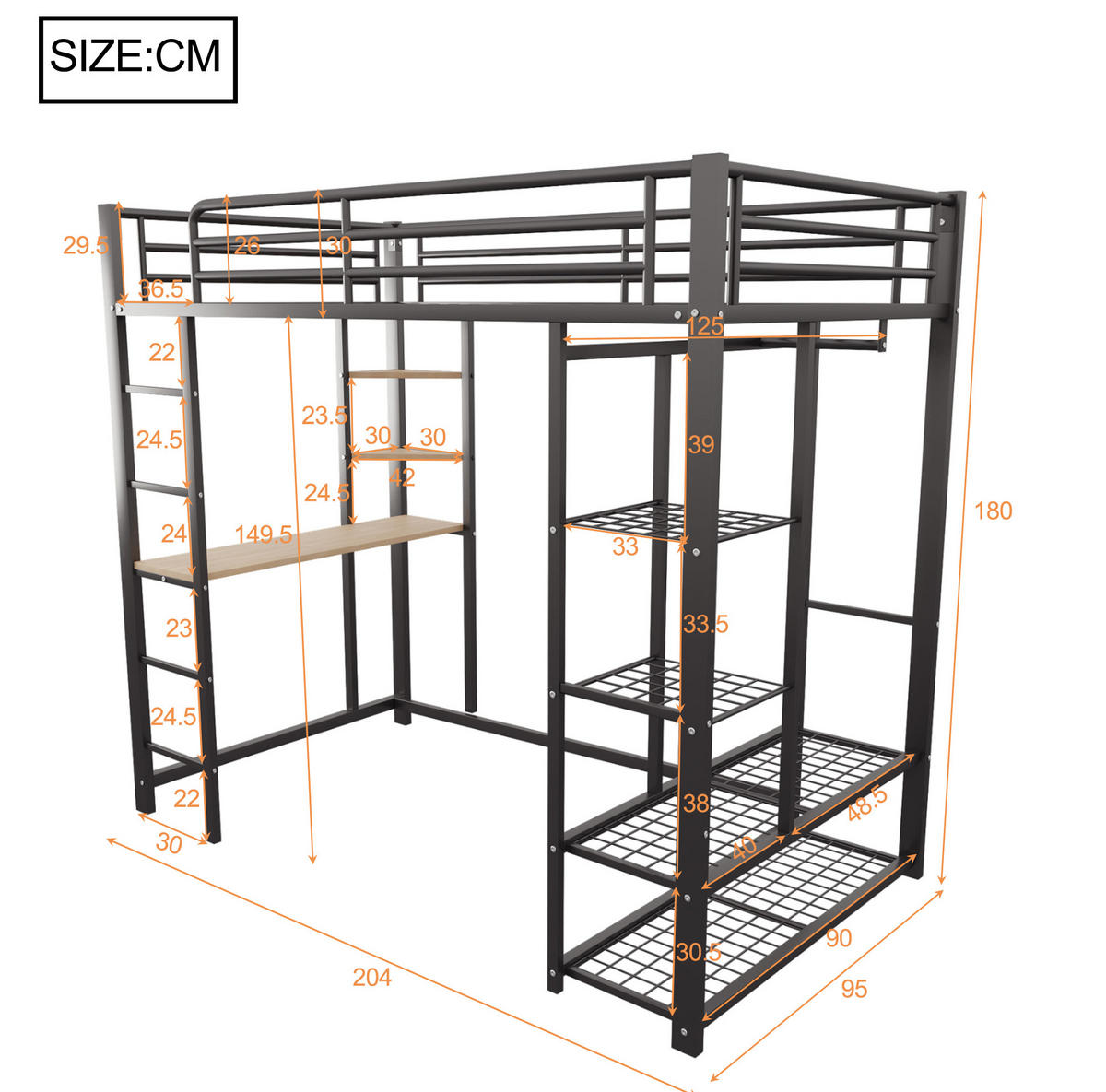 HOCHBETT 90/200 cm aus Metall und MDF mit Schreibtisch und Kleiderstange Schwarz - Schwarz, Metall (90/200cm) - Modenvie