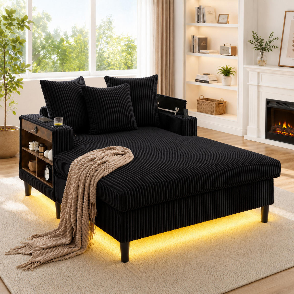 SCHLAFSOFA DE-33807 LED-Beleuchtung und USB Schwarz - Schwarz, Metall (129/70/170cm) - ComfortXL