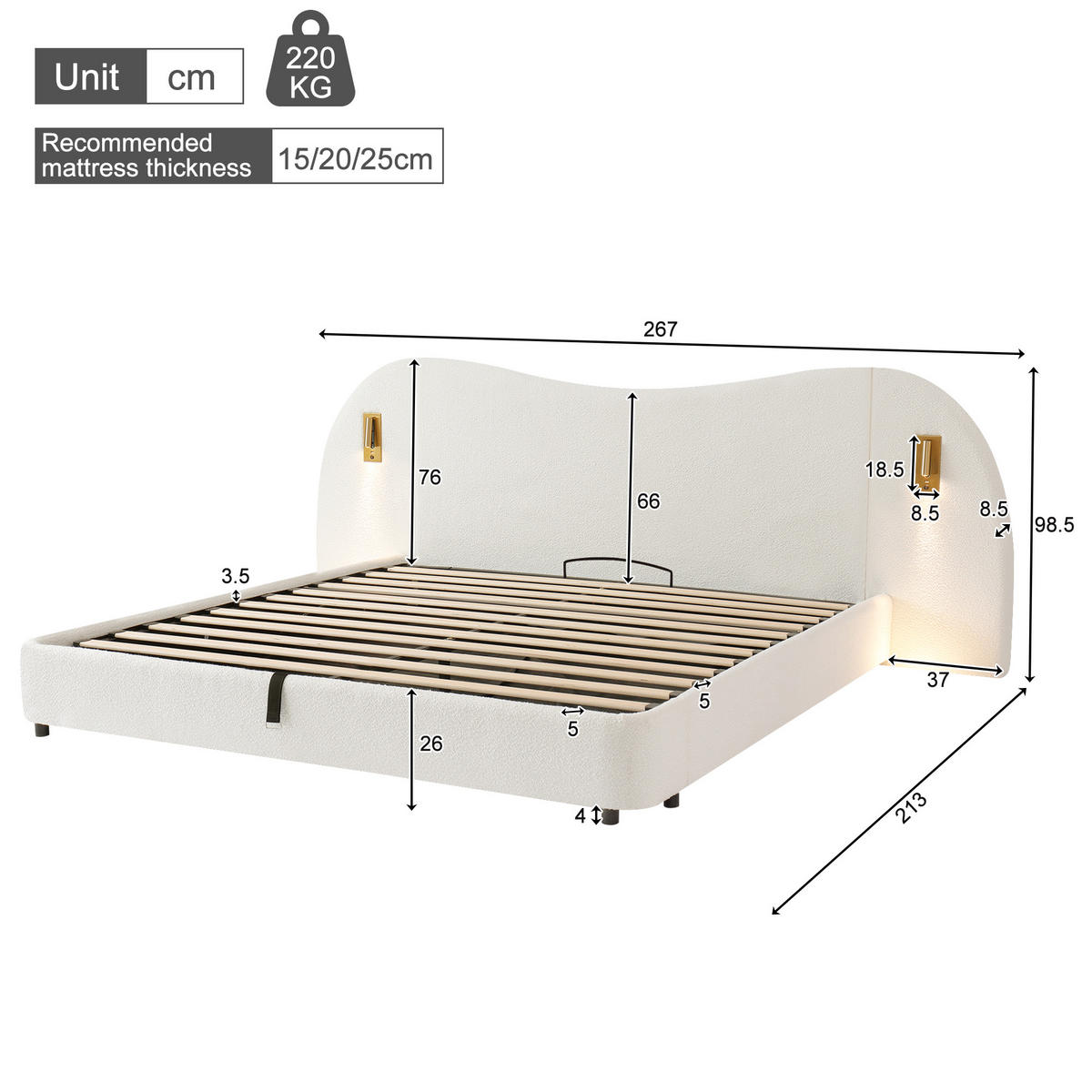 STAURAUMBETT 180/200 cm mit Hydraulik-Stauraum und USB, DE-41789, in Weiß - Weiß, Holzwerkstoff (180/200cm) - ComfortXL