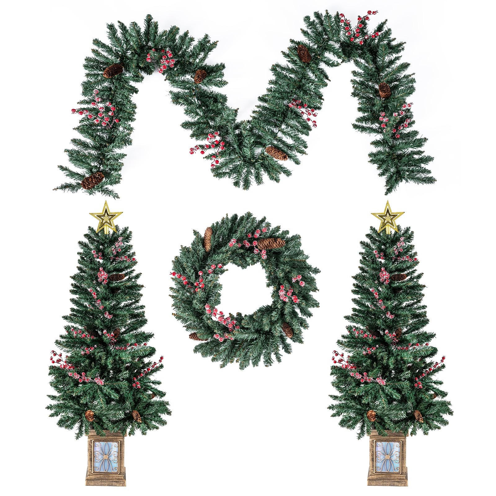 WEIHNACHTSBAUM Mini Tannenform mit Weihnachtsgirlande und Weihnachtskranz 120 cm grün(4-tlg) - Grün, Metall (120cm) - COSTWAY