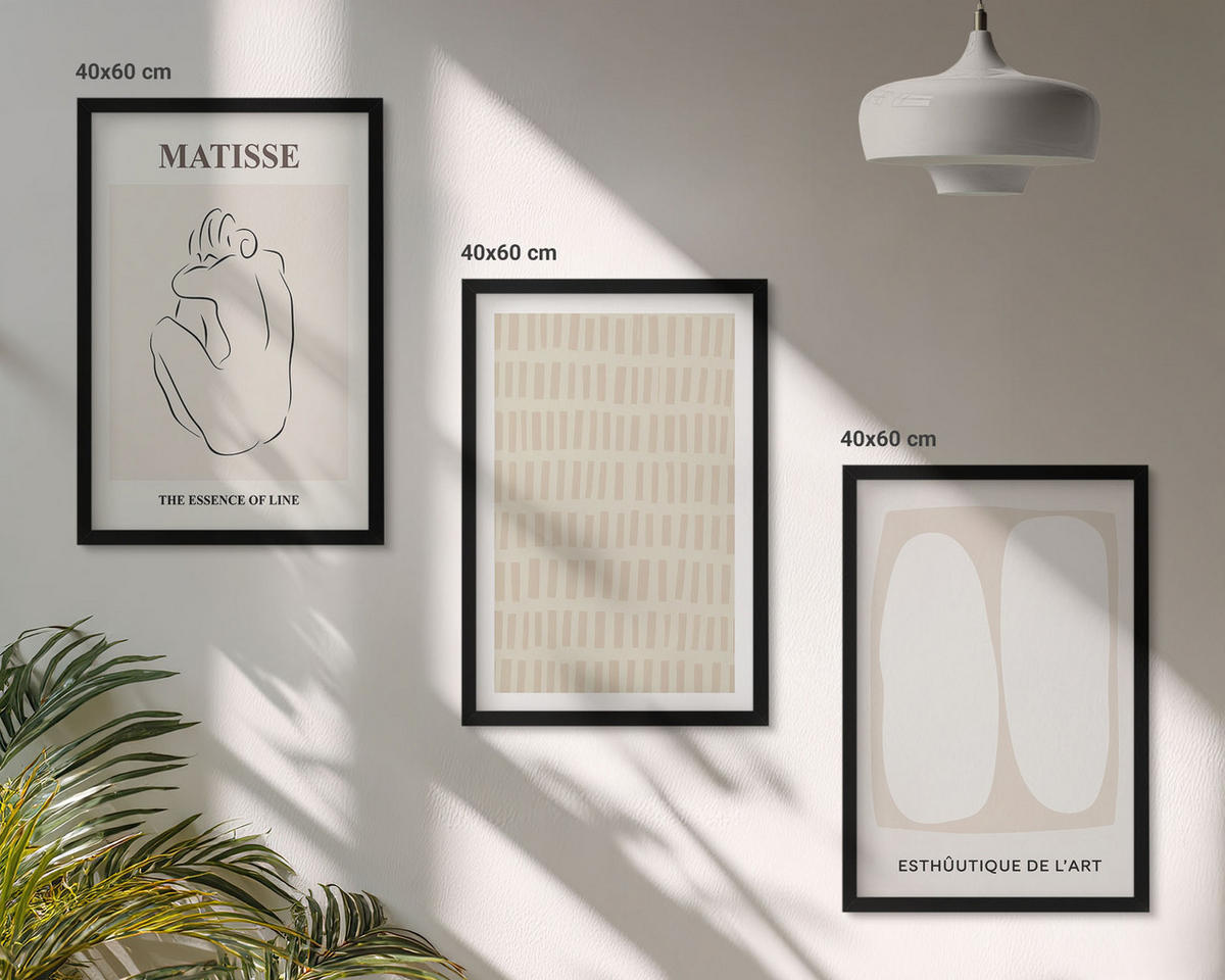 BILDER SET 3er Set - 40x60 cm Schwarzer Rahmen - Linien, Formen, Beige, Weiß - Schwarz, Kunststoff (40/60cm) - TULUP