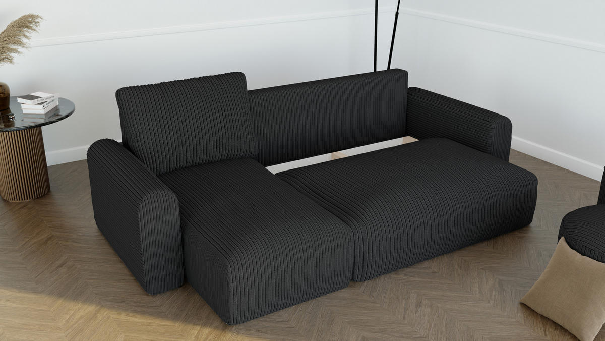 ECKSOFA mit Schlaffunktion und Bettkasten, Schwarz - Schwarz, Holzwerkstoff/Textil (244/98cm) - Idohome