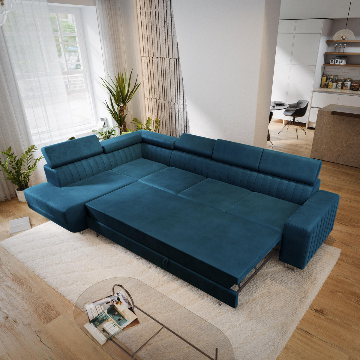 ECKSOFA HESTION Blau Velours-Stoff mit Schlaffunktion - Blau, Holz (332/190cm) - MASSENO