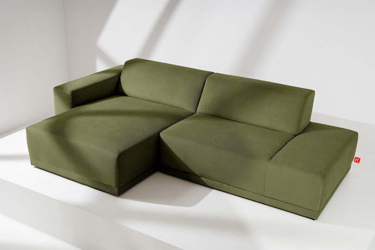ECKSOFA-LINKS MUDI in moderner Optik mit hochwertigem Kaltschaum, Cord-Stoff, khaki - Schwarz/Grün, Textil (280/160cm) - KONSIMO®