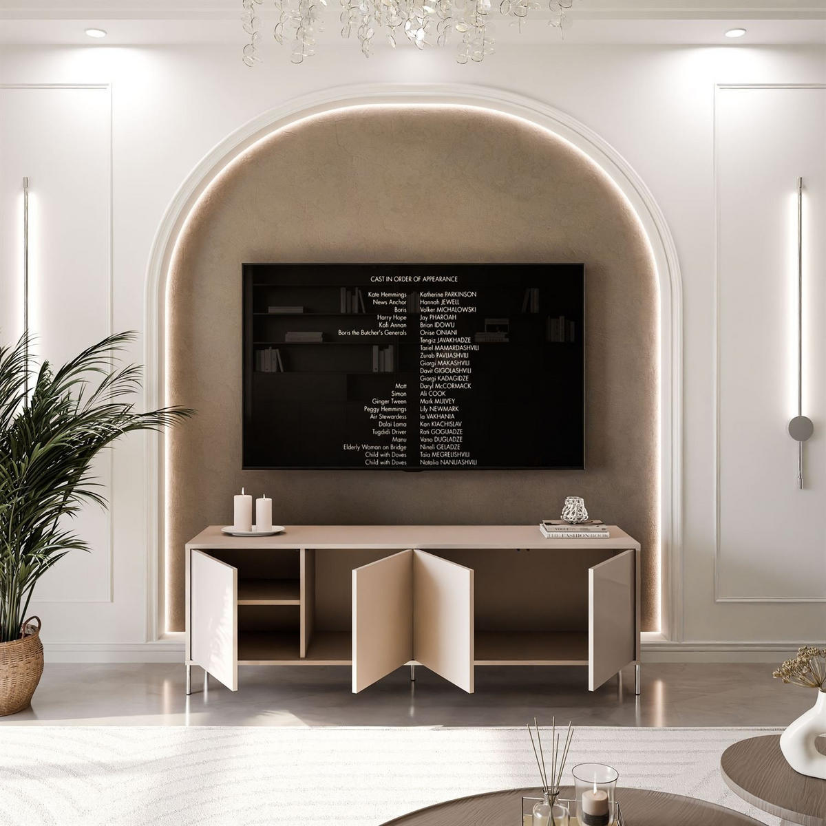 TV-SCHRANK SANAYI Kaschmir Hochglanz – gerade silberne Beine - Kaschmir, Holzwerkstoff (156/60/38cm) - Lookway