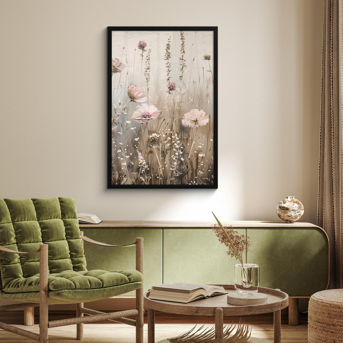 POSTER MIT RAHMEN Blumen - Rosa - Modern - Beige 60x90 cm - Beige, Papier (60/90cm) - MuchoWow