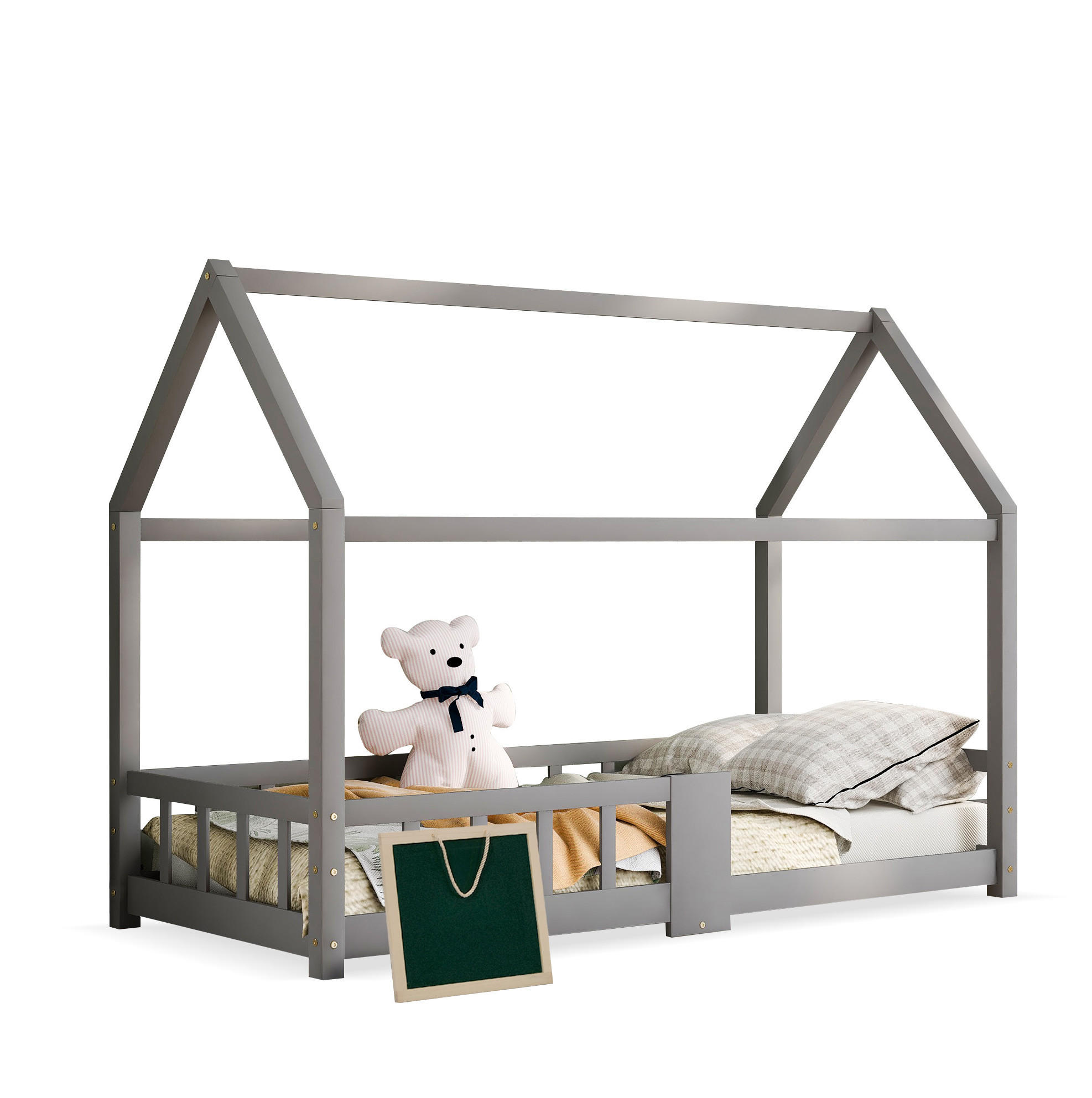 OKWISH DĚTSKÁ postel domeček 90/200 cm šedá z masivní borovice s tabulí a zábranou